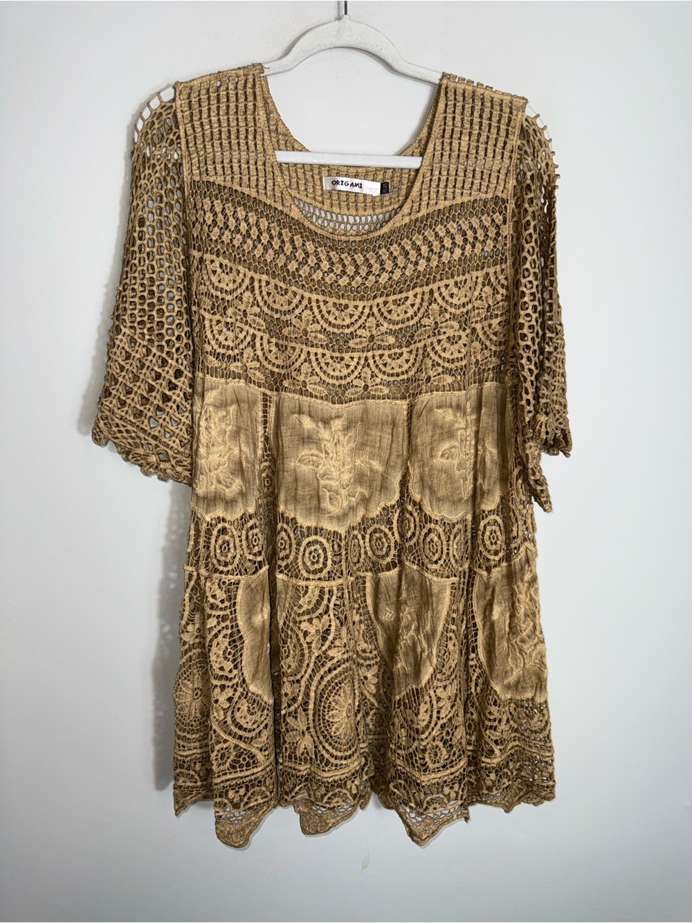 Origami by Vivien Crochet Tunic Blouse Top-Brown Tan-Short Sleeves-Plus 1X